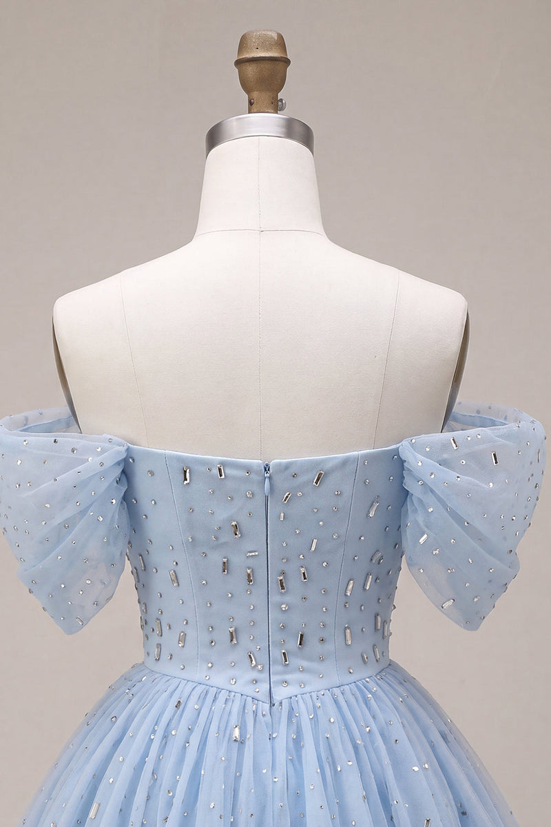 Laden Sie das Bild in den Galerie-Viewer, Schulterloses Blaues Gerüschendes Korsett Kurzes Abendkleid mit Perlenmuster