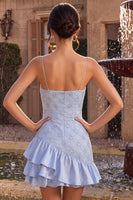 Laden Sie das Bild in den Galerie-Viewer, Blauer Bodycon Rüschen Kurzes Abendkleid mit Spaghettiträgern