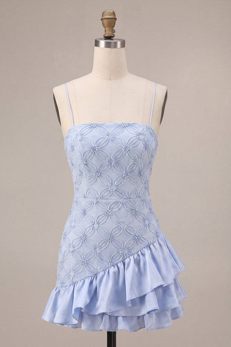 Laden Sie das Bild in den Galerie-Viewer, Blauer Bodycon Rüschen Kurzes Abendkleid mit Spaghettiträgern