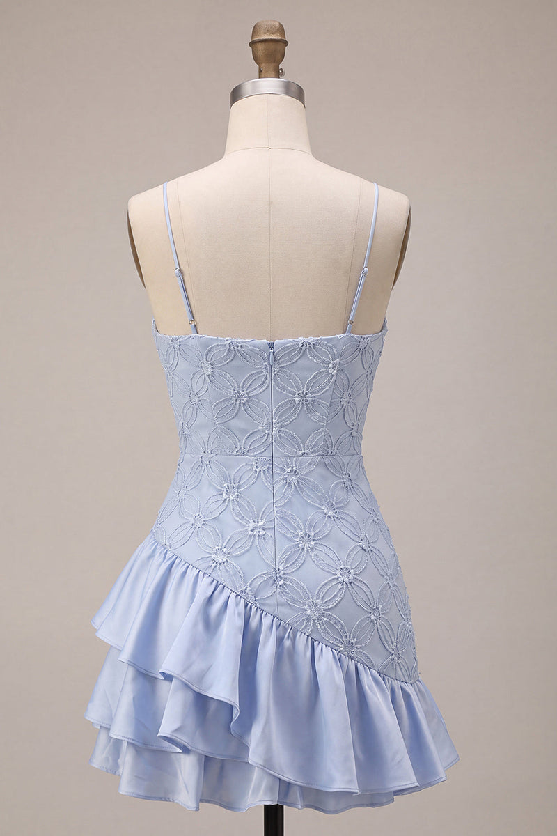 Laden Sie das Bild in den Galerie-Viewer, Blauer Bodycon Rüschen Kurzes Abendkleid mit Spaghettiträgern
