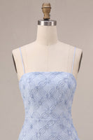 Laden Sie das Bild in den Galerie-Viewer, Blauer Bodycon Rüschen Kurzes Abendkleid mit Spaghettiträgern