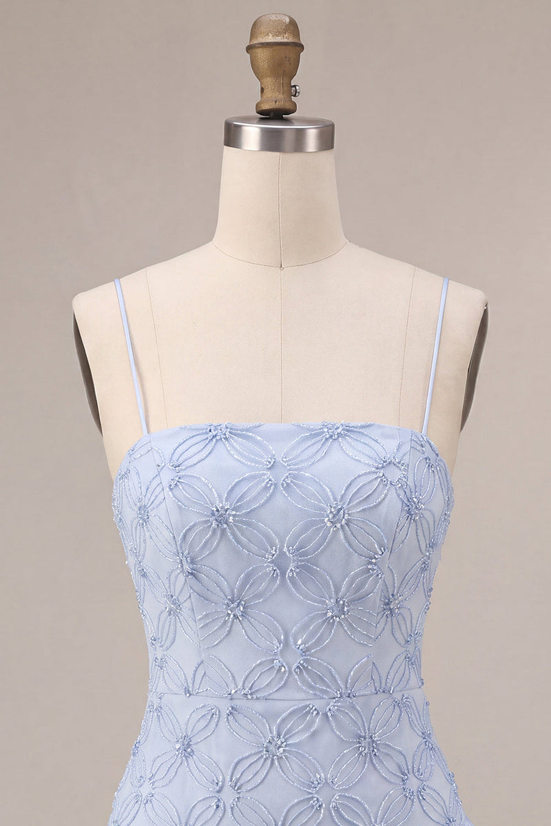 Laden Sie das Bild in den Galerie-Viewer, Blauer Bodycon Rüschen Kurzes Abendkleid mit Spaghettiträgern