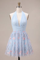 Laden Sie das Bild in den Galerie-Viewer, Neckholderhals Blaues A-Linie Rüschendes Blumen Kurzes Abendkleid