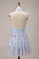 Laden Sie das Bild in den Galerie-Viewer, Neckholderhals Blaues A-Linie Rüschendes Blumen Kurzes Abendkleid