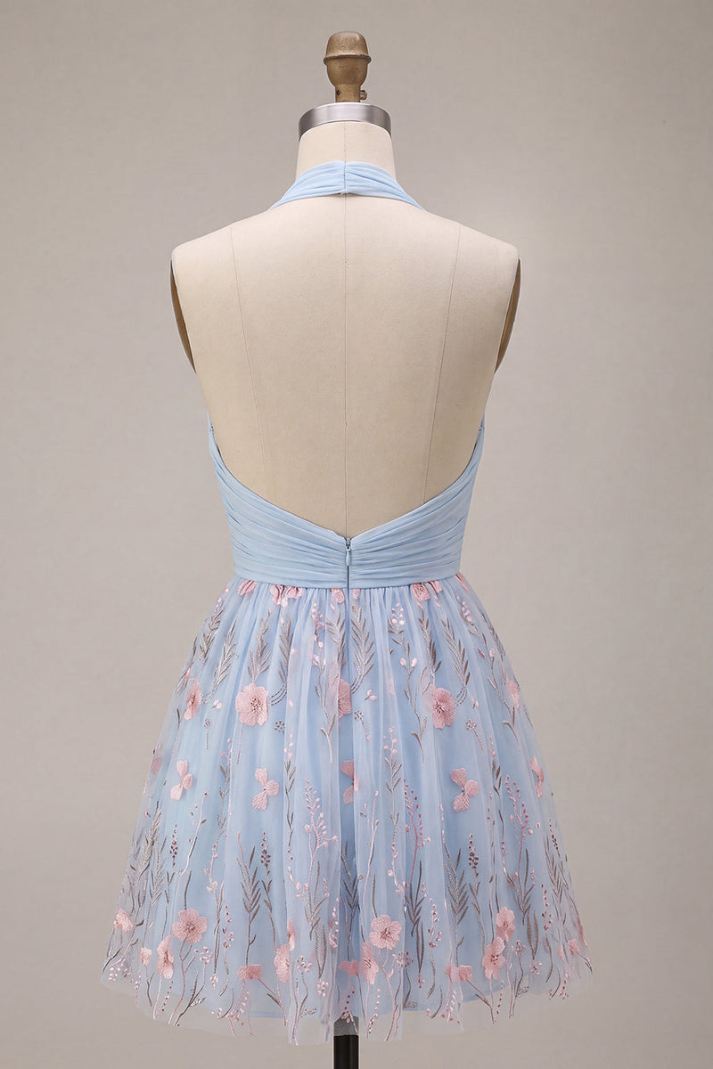 Laden Sie das Bild in den Galerie-Viewer, Neckholderhals Blaues A-Linie Rüschendes Blumen Kurzes Abendkleid