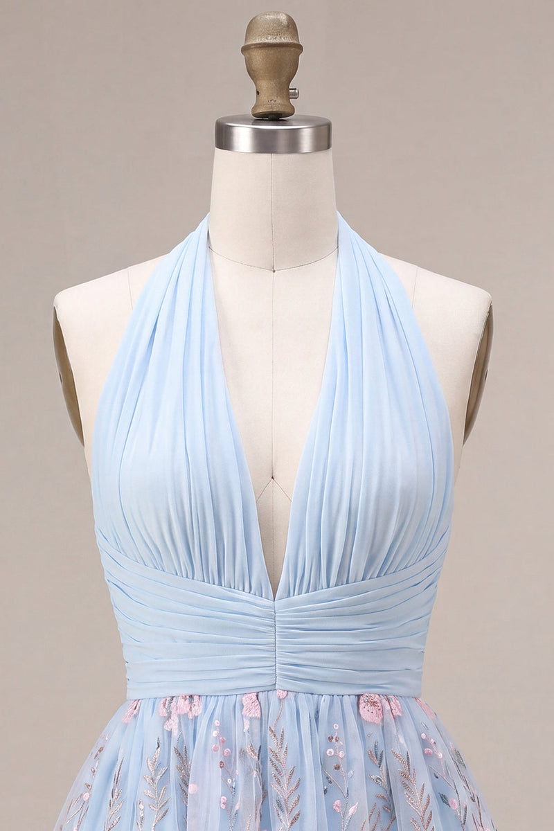 Laden Sie das Bild in den Galerie-Viewer, Neckholderhals Blaues A-Linie Rüschendes Blumen Kurzes Abendkleid