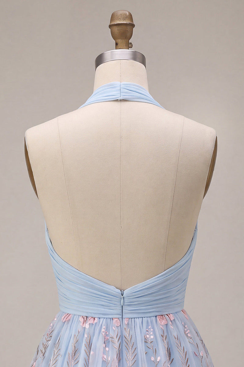 Laden Sie das Bild in den Galerie-Viewer, Neckholderhals Blaues A-Linie Rüschendes Blumen Kurzes Abendkleid