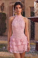 Laden Sie das Bild in den Galerie-Viewer, Rosa Neckholder Bodycon Gestuftes Gerüschtes Blumen Perlen Kurzes Abendkleid