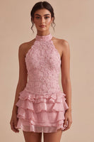 Laden Sie das Bild in den Galerie-Viewer, Rosa Neckholder Bodycon Gestuftes Gerüschtes Blumen Perlen Kurzes Abendkleid