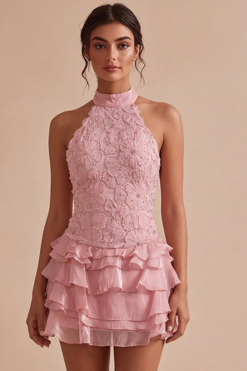 Laden Sie das Bild in den Galerie-Viewer, Rosa Neckholder Bodycon Gestuftes Gerüschtes Blumen Perlen Kurzes Abendkleid