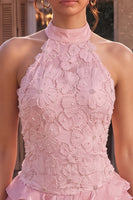 Laden Sie das Bild in den Galerie-Viewer, Rosa Neckholder Bodycon Gestuftes Gerüschtes Blumen Perlen Kurzes Abendkleid