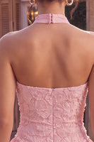 Laden Sie das Bild in den Galerie-Viewer, Rosa Neckholder Bodycon Gestuftes Gerüschtes Blumen Perlen Kurzes Abendkleid
