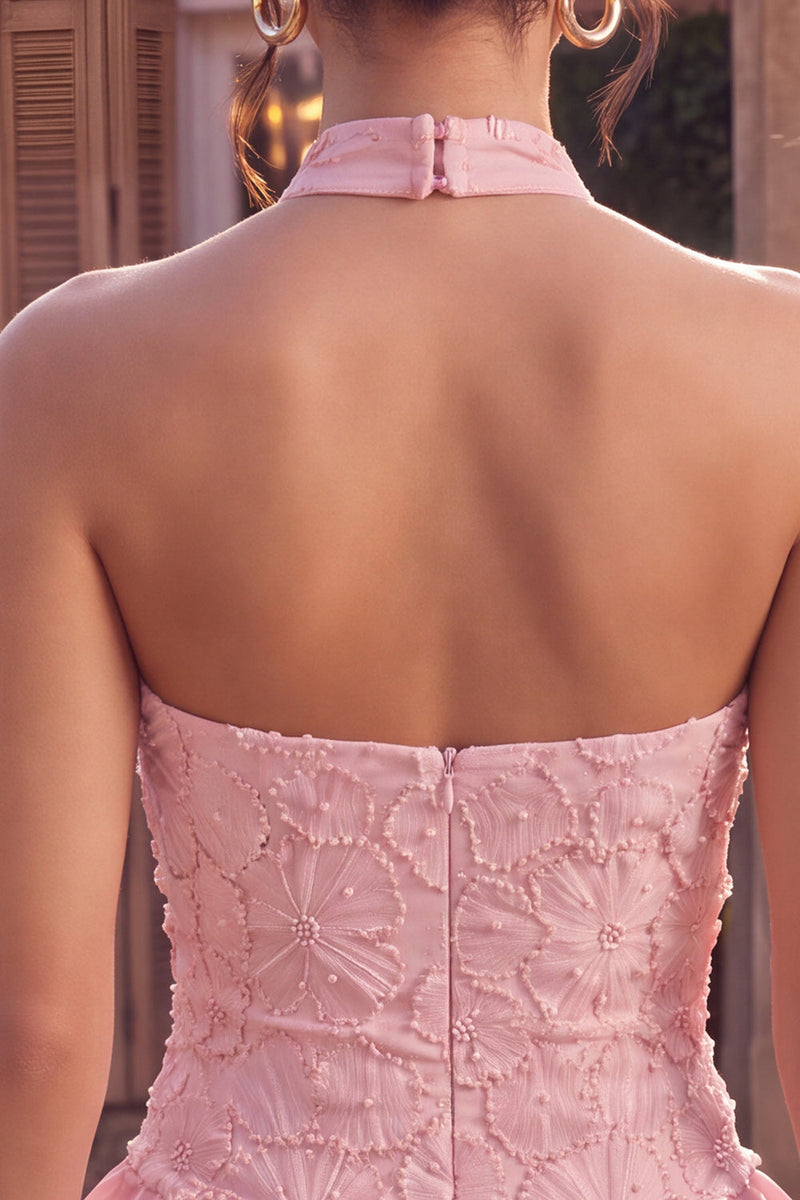 Laden Sie das Bild in den Galerie-Viewer, Rosa Neckholder Bodycon Gestuftes Gerüschtes Blumen Perlen Kurzes Abendkleid