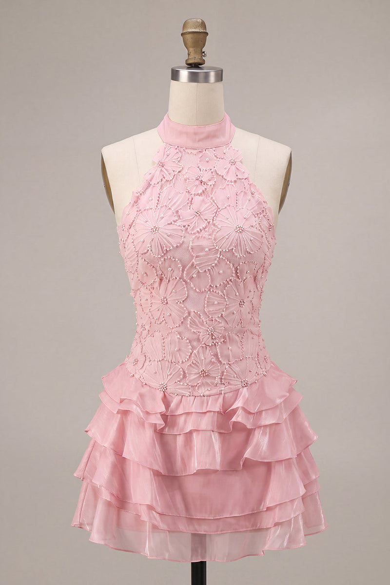 Laden Sie das Bild in den Galerie-Viewer, Rosa Neckholder Bodycon Gestuftes Gerüschtes Blumen Perlen Kurzes Abendkleid