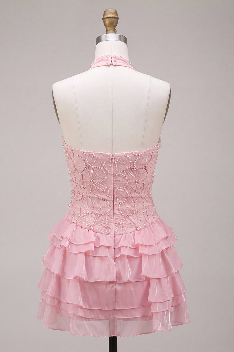 Laden Sie das Bild in den Galerie-Viewer, Rosa Neckholder Bodycon Gestuftes Gerüschtes Blumen Perlen Kurzes Abendkleid