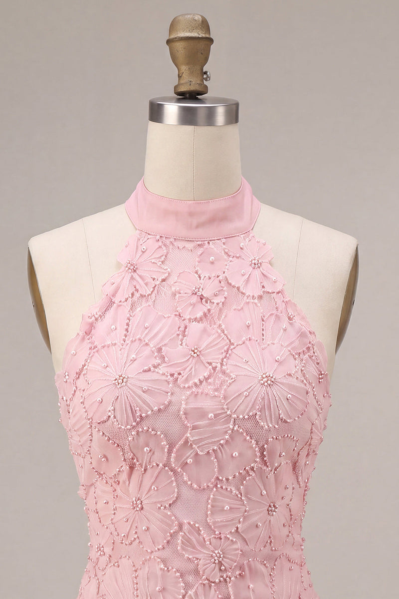 Laden Sie das Bild in den Galerie-Viewer, Rosa Neckholder Bodycon Gestuftes Gerüschtes Blumen Perlen Kurzes Abendkleid