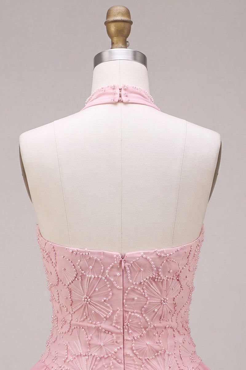 Laden Sie das Bild in den Galerie-Viewer, Rosa Neckholder Bodycon Gestuftes Gerüschtes Blumen Perlen Kurzes Abendkleid