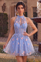 Laden Sie das Bild in den Galerie-Viewer, A-Line Blaues Neckholderhals Rüschen Blumen Korsett Perlen Kurzes Abendkleid