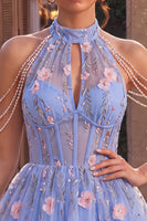 Laden Sie das Bild in den Galerie-Viewer, A-Line Blaues Neckholderhals Rüschen Blumen Korsett Perlen Kurzes Abendkleid