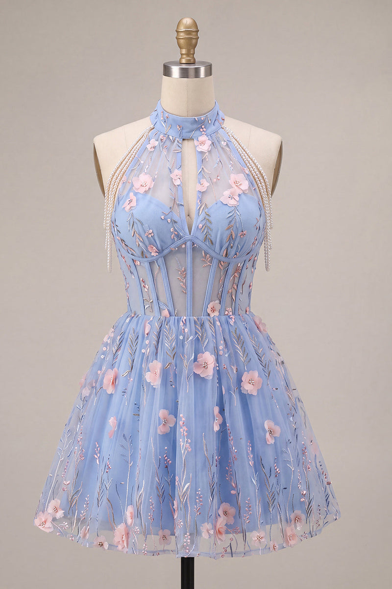 Laden Sie das Bild in den Galerie-Viewer, A-Line Blaues Neckholderhals Rüschen Blumen Korsett Perlen Kurzes Abendkleid