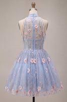Laden Sie das Bild in den Galerie-Viewer, A-Line Blaues Neckholderhals Rüschen Blumen Korsett Perlen Kurzes Abendkleid