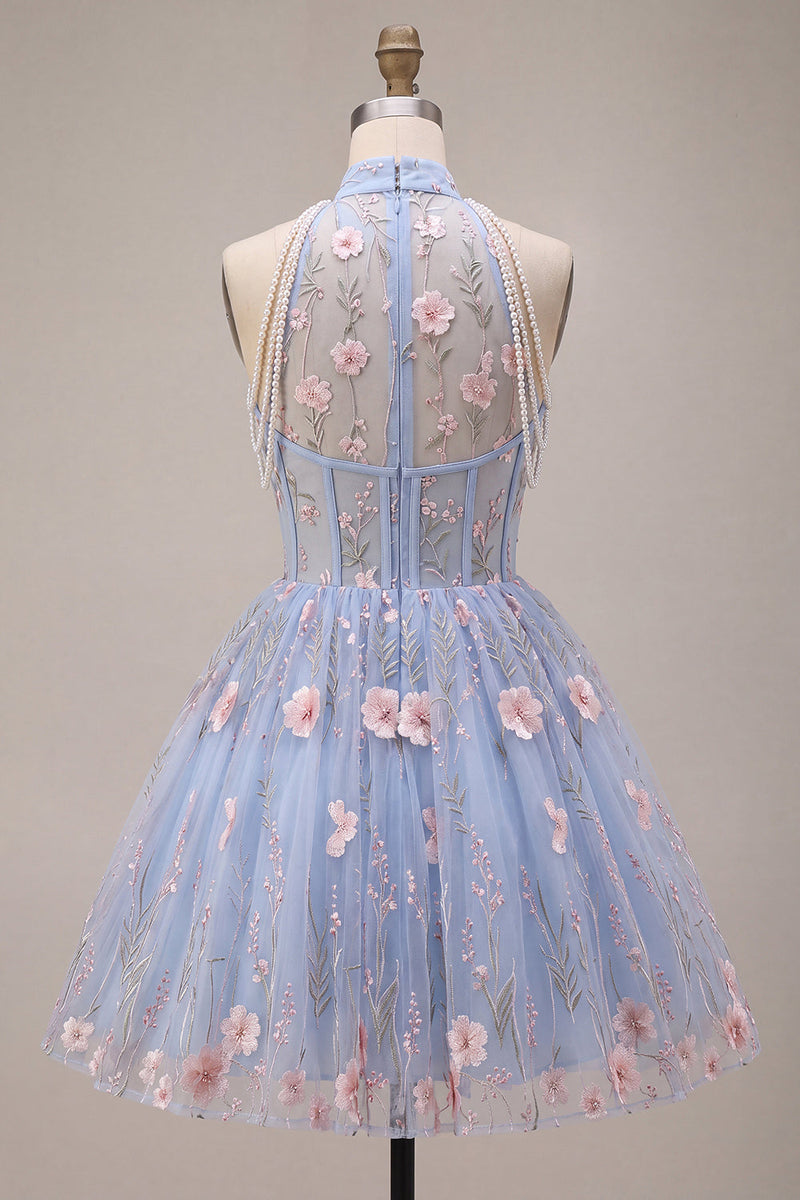 Laden Sie das Bild in den Galerie-Viewer, A-Line Blaues Neckholderhals Rüschen Blumen Korsett Perlen Kurzes Abendkleid