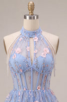 Laden Sie das Bild in den Galerie-Viewer, A-Line Blaues Neckholderhals Rüschen Blumen Korsett Perlen Kurzes Abendkleid