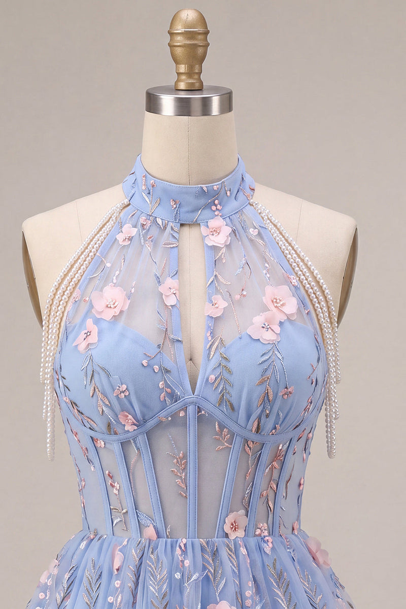 Laden Sie das Bild in den Galerie-Viewer, A-Line Blaues Neckholderhals Rüschen Blumen Korsett Perlen Kurzes Abendkleid