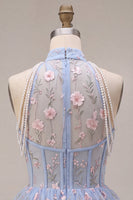 Laden Sie das Bild in den Galerie-Viewer, A-Line Blaues Neckholderhals Rüschen Blumen Korsett Perlen Kurzes Abendkleid
