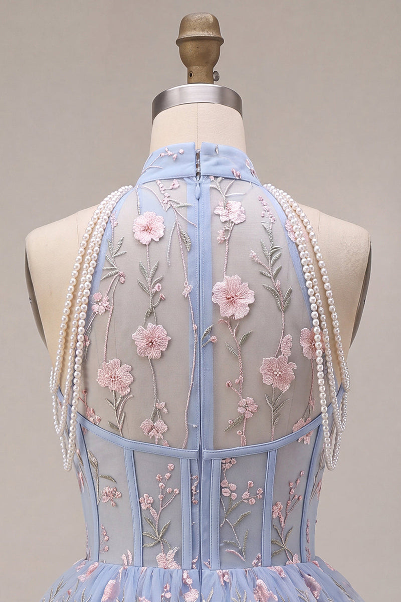 Laden Sie das Bild in den Galerie-Viewer, A-Line Blaues Neckholderhals Rüschen Blumen Korsett Perlen Kurzes Abendkleid
