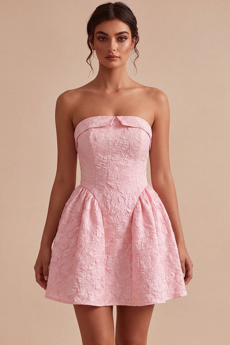 Laden Sie das Bild in den Galerie-Viewer, Trägerloses Rosa Jacquard A-Linie Rüschen Kurzes Abendkleid