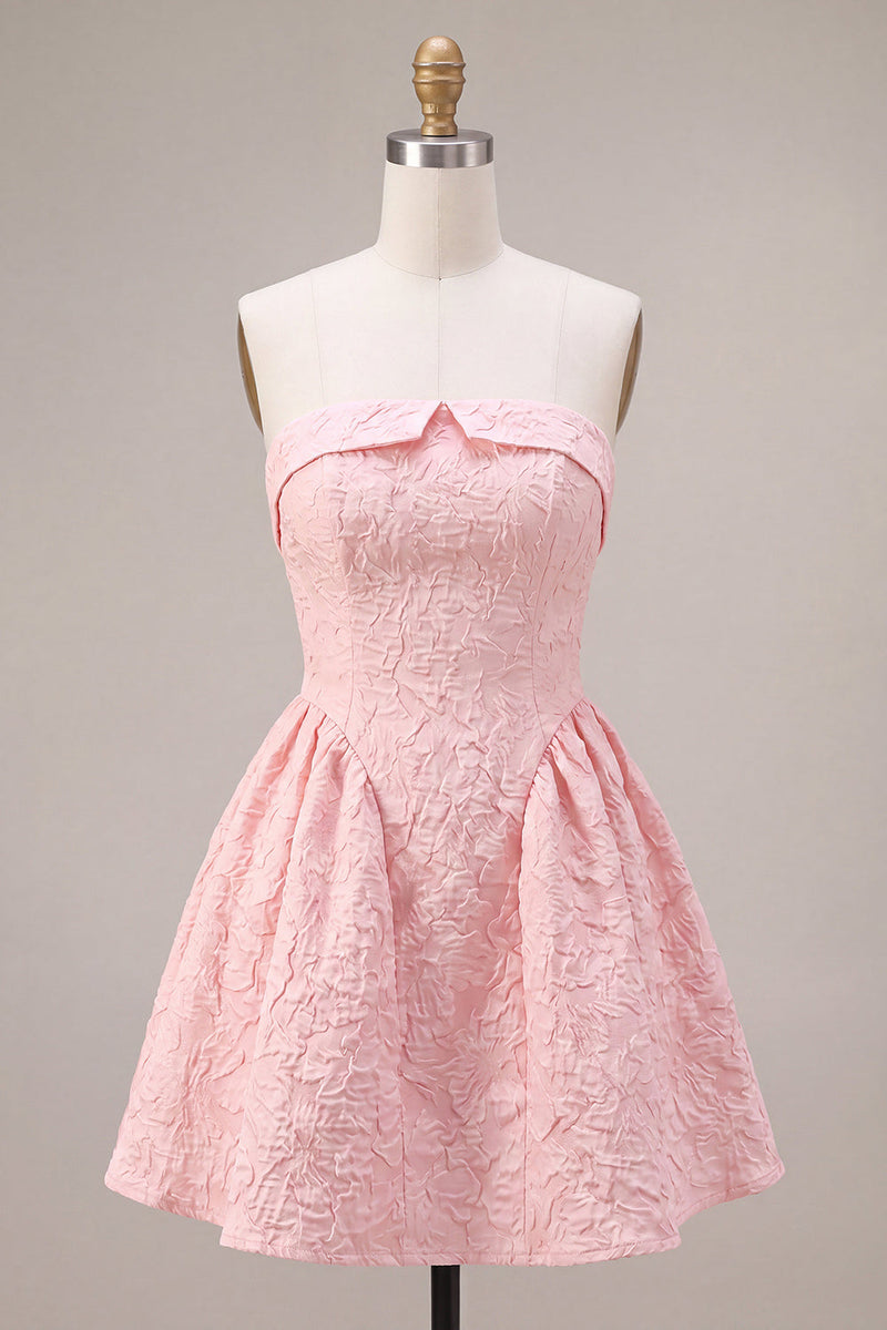 Laden Sie das Bild in den Galerie-Viewer, Trägerloses Rosa Jacquard A-Linie Rüschen Kurzes Abendkleid