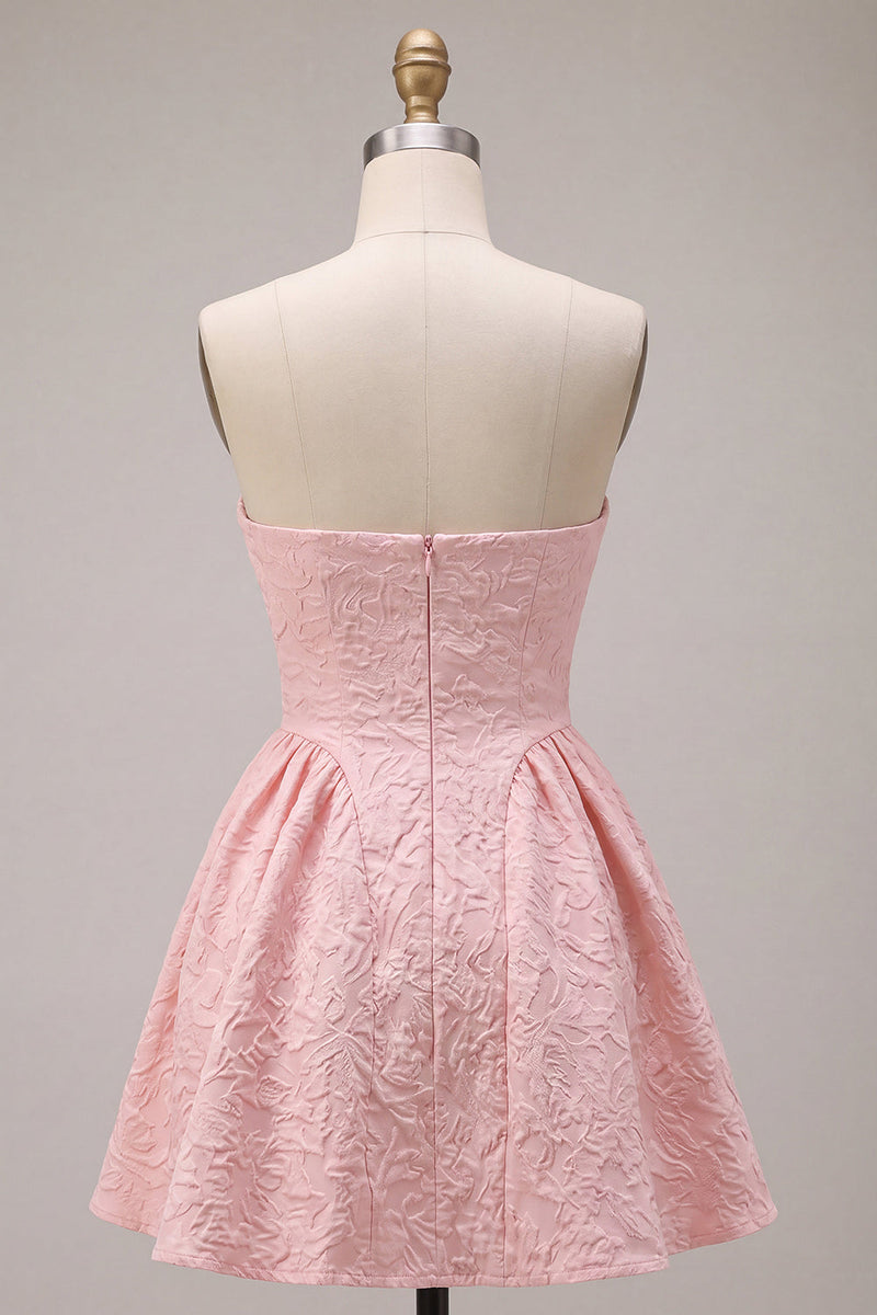 Laden Sie das Bild in den Galerie-Viewer, Trägerloses Rosa Jacquard A-Linie Rüschen Kurzes Abendkleid