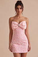 Laden Sie das Bild in den Galerie-Viewer, Trägerloses Rosa Jacquard Bodycon Korsett Kurzes Abendkleid mit Schleife