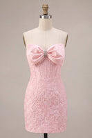 Laden Sie das Bild in den Galerie-Viewer, Trägerloses Rosa Jacquard Bodycon Korsett Kurzes Abendkleid mit Schleife