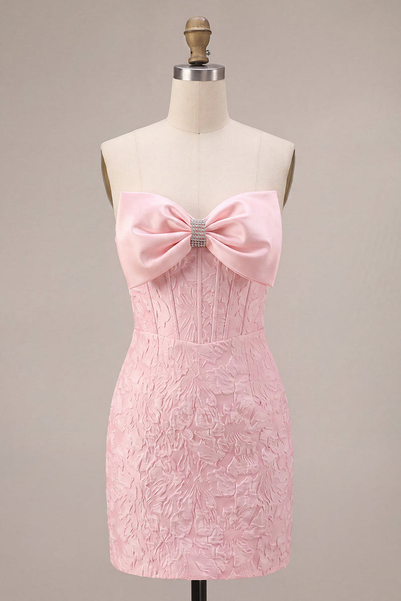Laden Sie das Bild in den Galerie-Viewer, Trägerloses Rosa Jacquard Bodycon Korsett Kurzes Abendkleid mit Schleife
