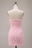 Laden Sie das Bild in den Galerie-Viewer, Trägerloses Rosa Jacquard Bodycon Korsett Kurzes Abendkleid mit Schleife