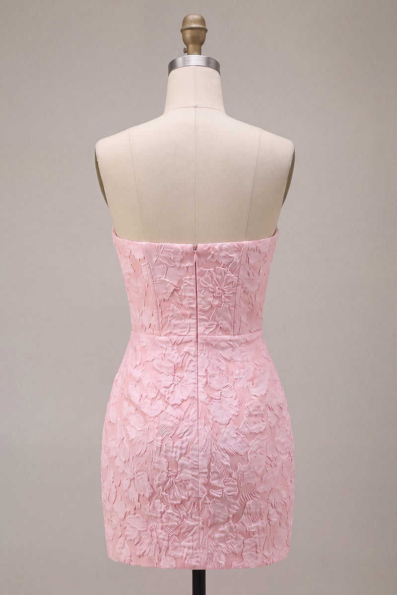 Laden Sie das Bild in den Galerie-Viewer, Trägerloses Rosa Jacquard Bodycon Korsett Kurzes Abendkleid mit Schleife