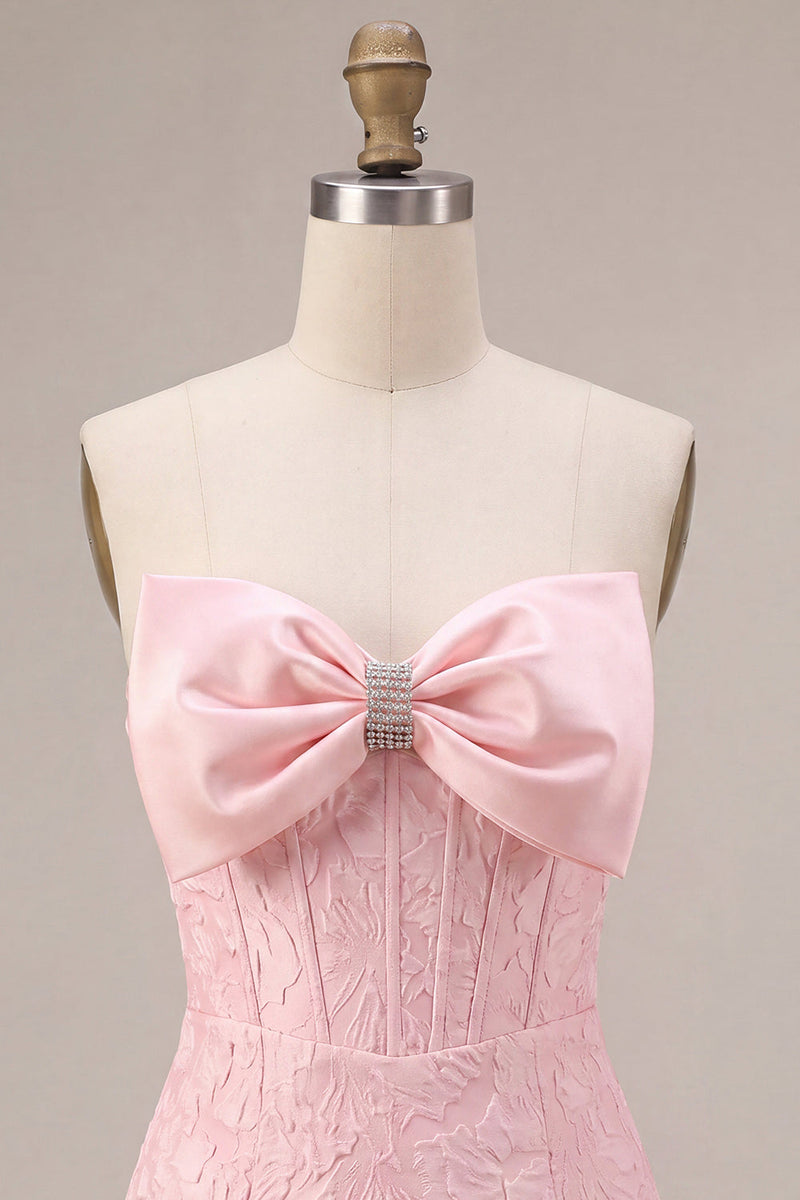 Laden Sie das Bild in den Galerie-Viewer, Trägerloses Rosa Jacquard Bodycon Korsett Kurzes Abendkleid mit Schleife