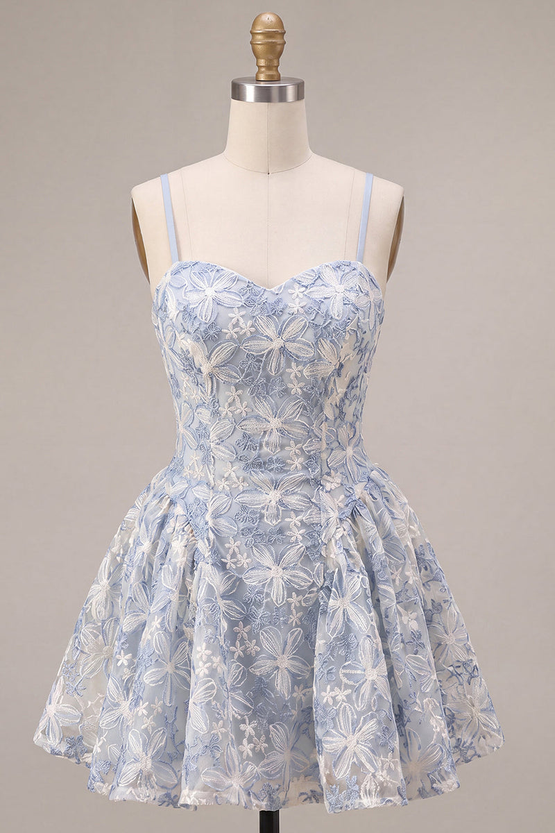 Laden Sie das Bild in den Galerie-Viewer, Blaues A-Linie Blüten Rüschen Kurzes Abendkleid