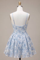 Laden Sie das Bild in den Galerie-Viewer, Blaues A-Linie Blüten Rüschen Kurzes Abendkleid