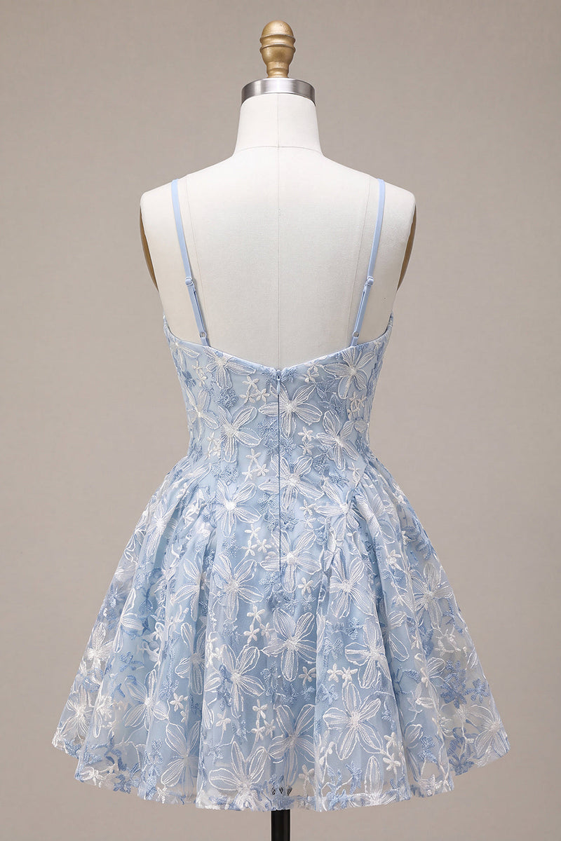 Laden Sie das Bild in den Galerie-Viewer, Blaues A-Linie Blüten Rüschen Kurzes Abendkleid