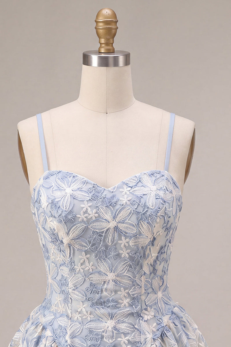 Laden Sie das Bild in den Galerie-Viewer, Blaues A-Linie Blüten Rüschen Kurzes Abendkleid