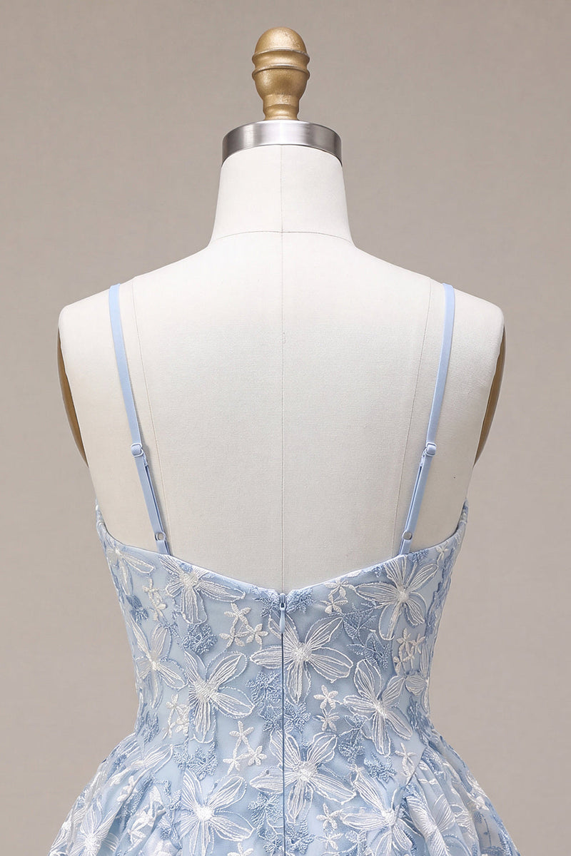 Laden Sie das Bild in den Galerie-Viewer, Blaues A-Linie Blüten Rüschen Kurzes Abendkleid