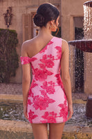 Laden Sie das Bild in den Galerie-Viewer, Fuchsia Bodycon Blumenstickerei Kurzes Abendkleid mit einer Schulter