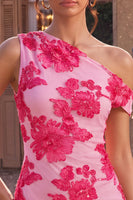 Laden Sie das Bild in den Galerie-Viewer, Fuchsia Bodycon Blumenstickerei Kurzes Abendkleid mit einer Schulter