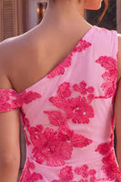 Laden Sie das Bild in den Galerie-Viewer, Fuchsia Bodycon Blumenstickerei Kurzes Abendkleid mit einer Schulter