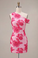 Laden Sie das Bild in den Galerie-Viewer, Fuchsia Bodycon Blumenstickerei Kurzes Abendkleid mit einer Schulter