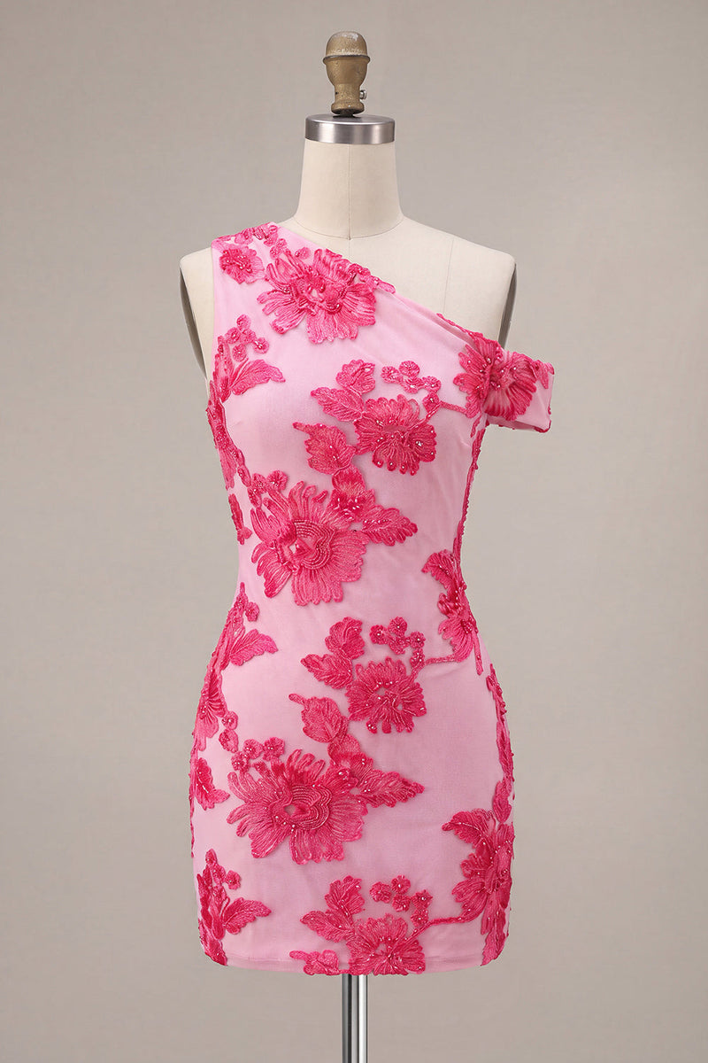 Laden Sie das Bild in den Galerie-Viewer, Fuchsia Bodycon Blumenstickerei Kurzes Abendkleid mit einer Schulter