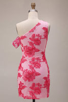 Laden Sie das Bild in den Galerie-Viewer, Fuchsia Bodycon Blumenstickerei Kurzes Abendkleid mit einer Schulter